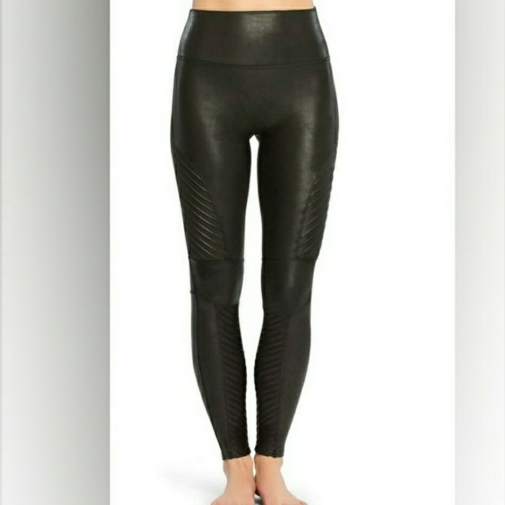 spanx high rise faux leather moto leggings black - Picture 4 of 8